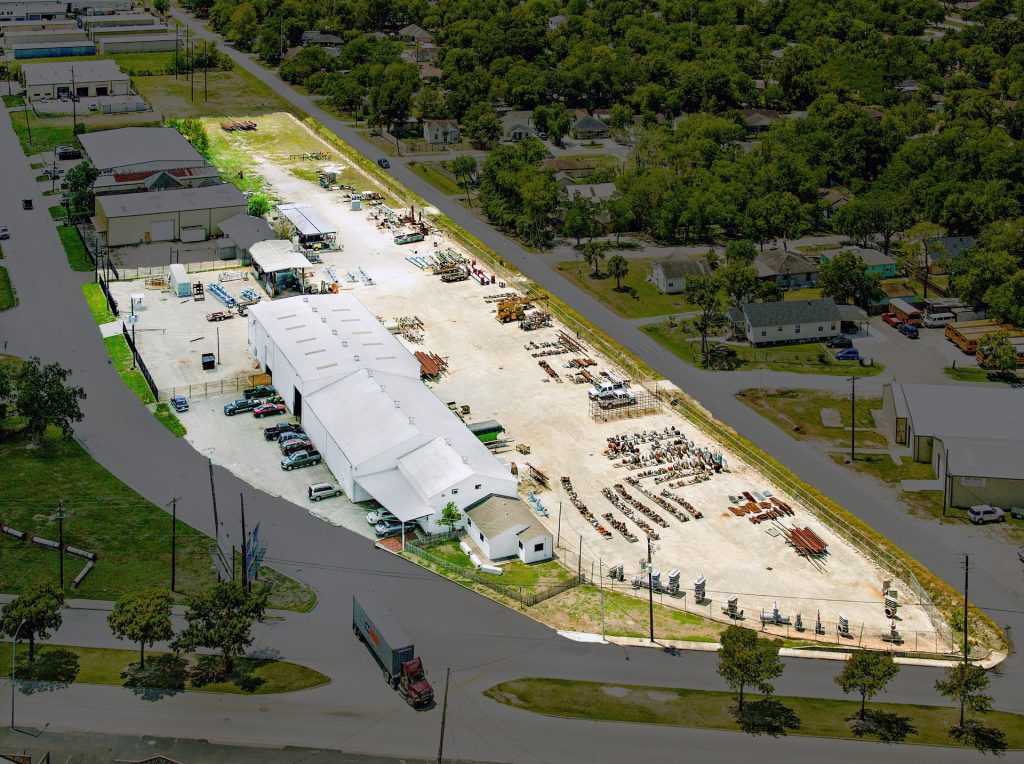 Aerial view of the FAB Industries shop and yard at 6322 Long Dr., Houston